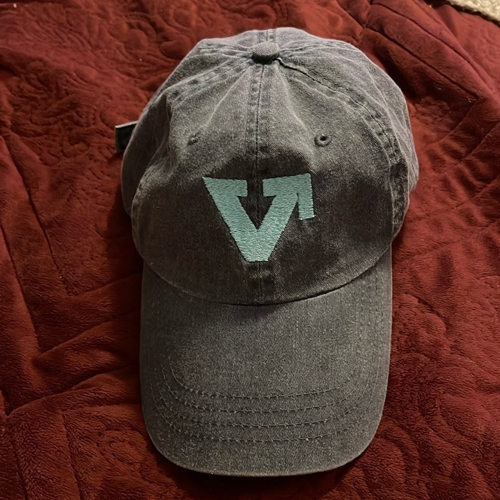 Port & Company V in blue on Gray Baseball Cap buckle adjustable back strap.